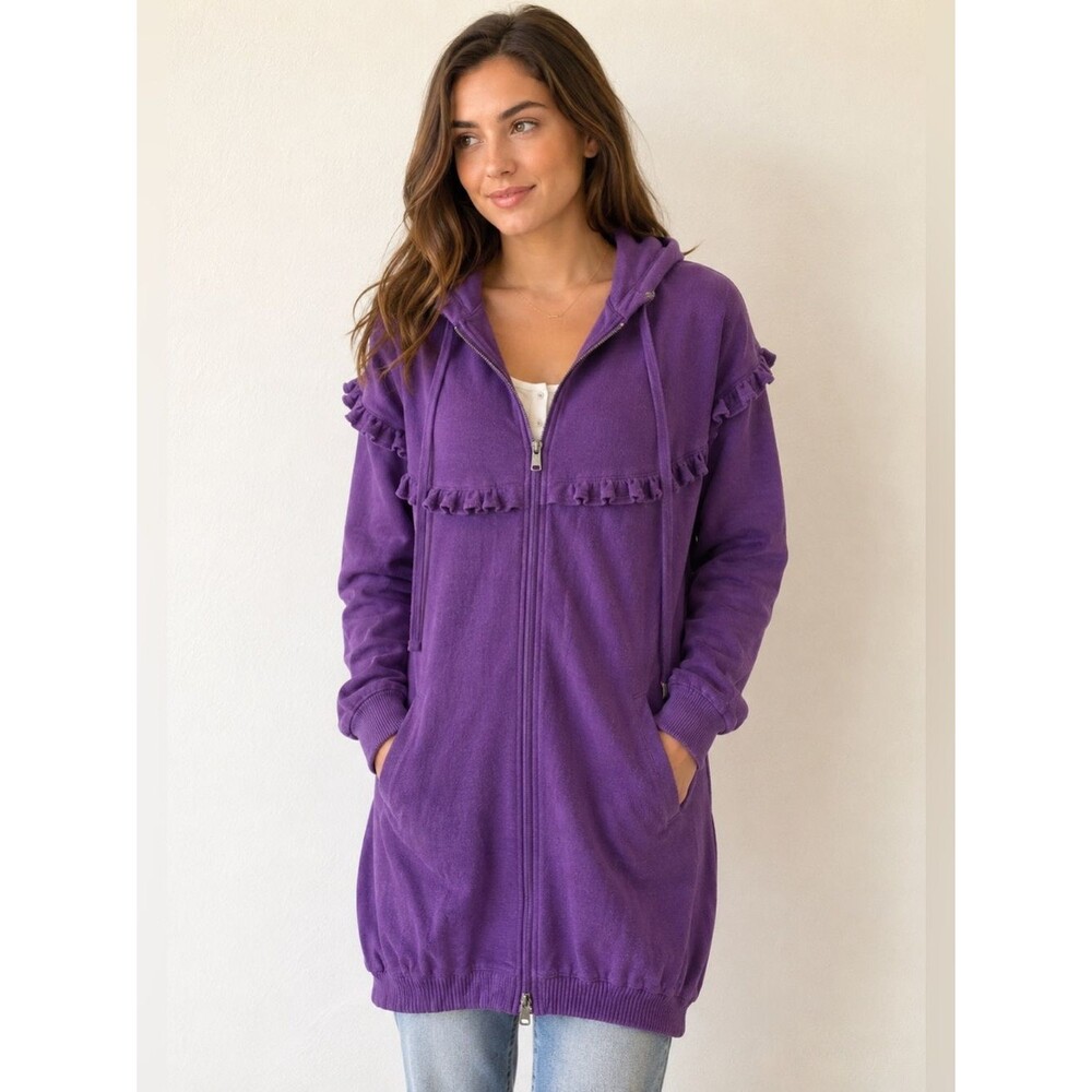 Escada Sport Designer Purple Cinched Ruffle Hooded Zip Jacket Coat Small